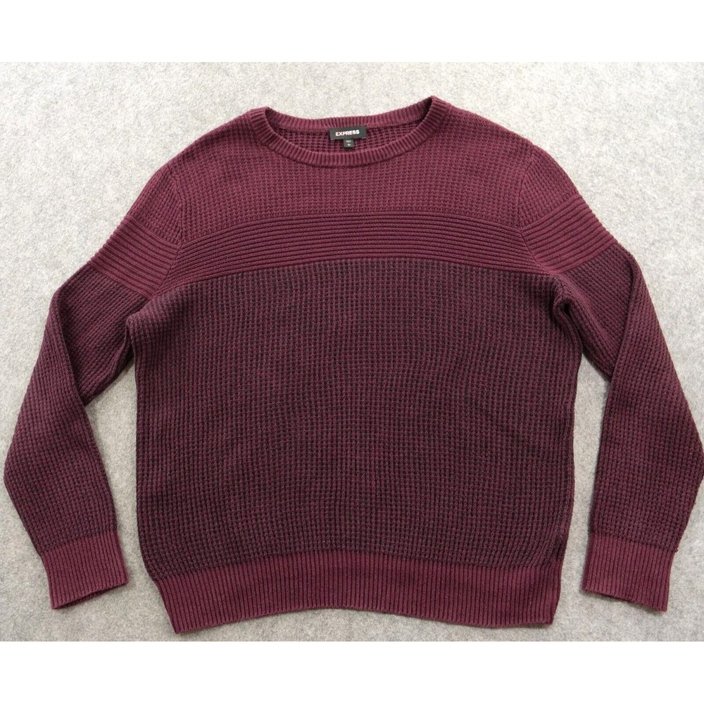 Express Sweater Mens Large Purple Waffle Knit Pullover Crew Long Sleeve Cotton